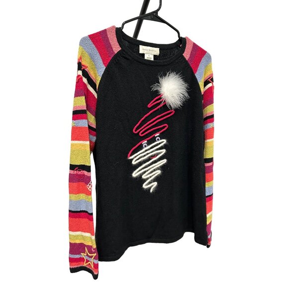 Susan Bristol XL Festive Santa Knit Sweater Colorful Striped Sleeves Pom Accent - Picture 3 of 8